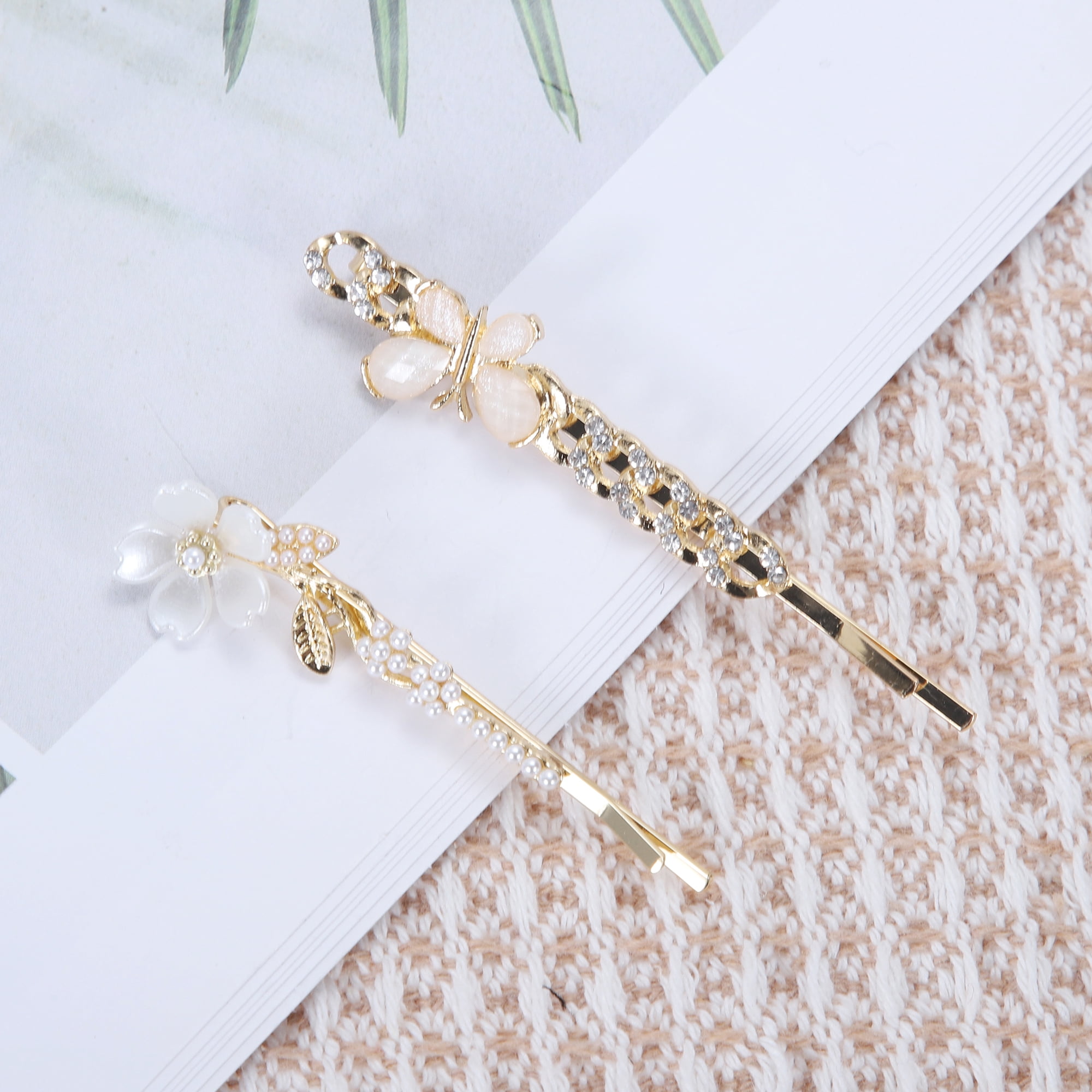 Unique Bargains 2Pcs Flower Butterfly Bobby Pin Gold Tone Beige Hair Accessory