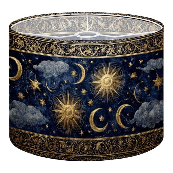 Vintage Linen Drum Lampshades Medieval Manuscript Style Celestial crescent 13"x13"x10" Light Shade for Table Lamps Floor Lamp Shades Lampshade Replacement Assembly Required