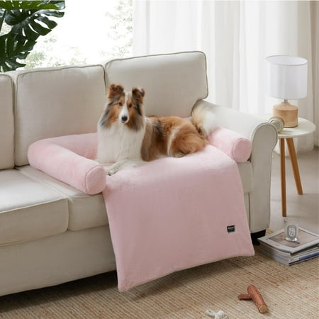 allisandro Calming Furniture Protector Dog Bed with Soft Neck Bolster Waterproof Faux Fur Couch Cover with Removable Cover 45 x 40 x 5 Inches Pink