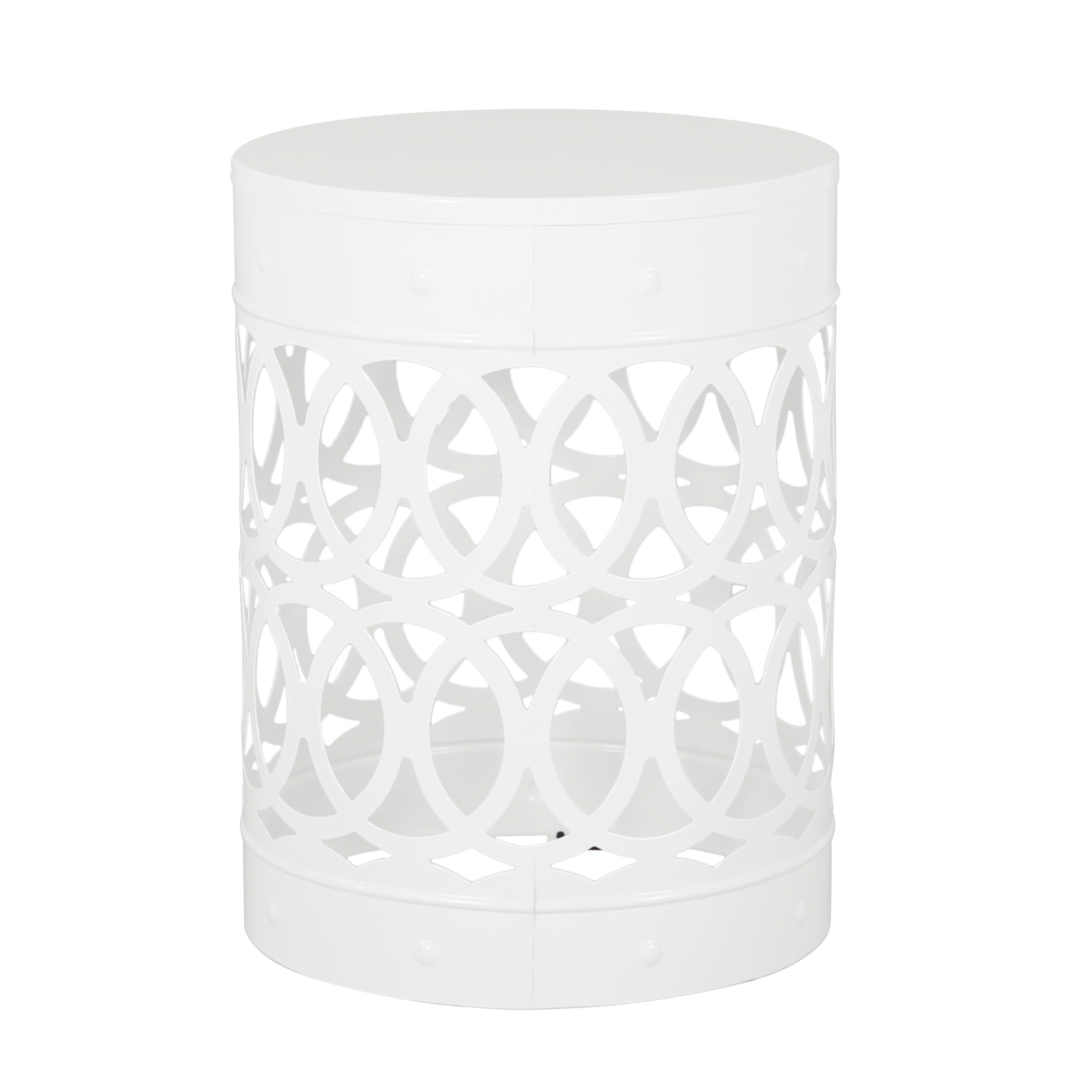 Outdoor Large Cylindrical Side Table, Overlapping Circle Pattern Metal Tabletop for Patio Garden, White