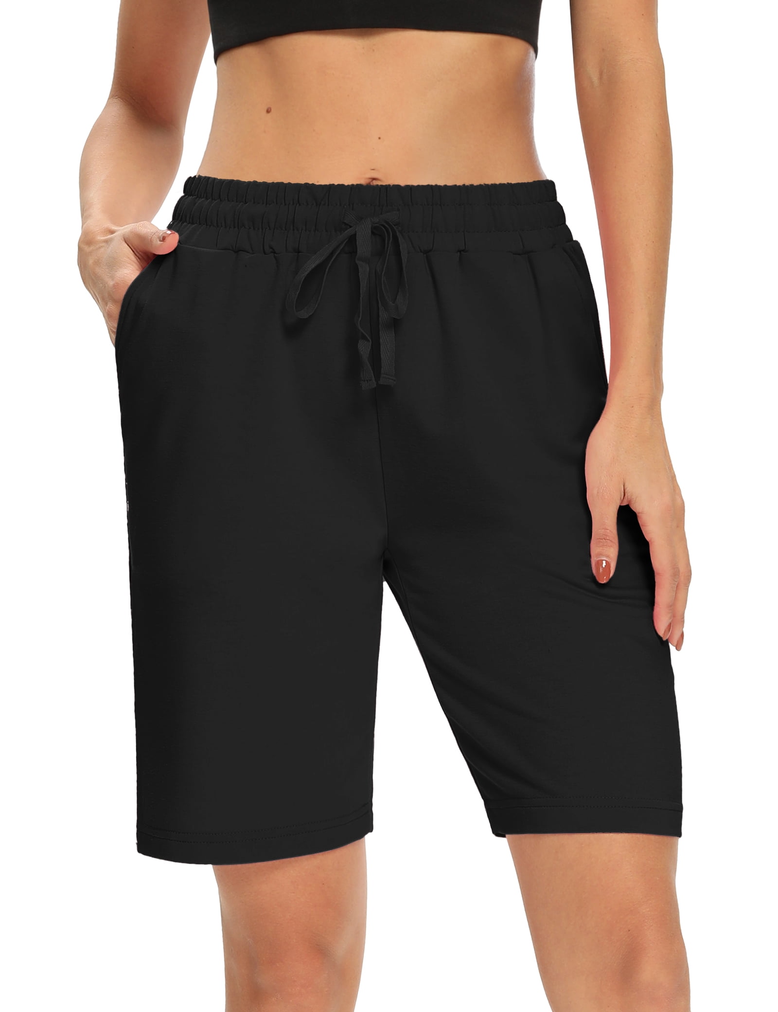 MOVE BEYOND Women's 10'' Inseam Bermuda Shorts 3 Pockets Knee Length Sweat Shorts with Drawstring Yoga Lounge Shorts 