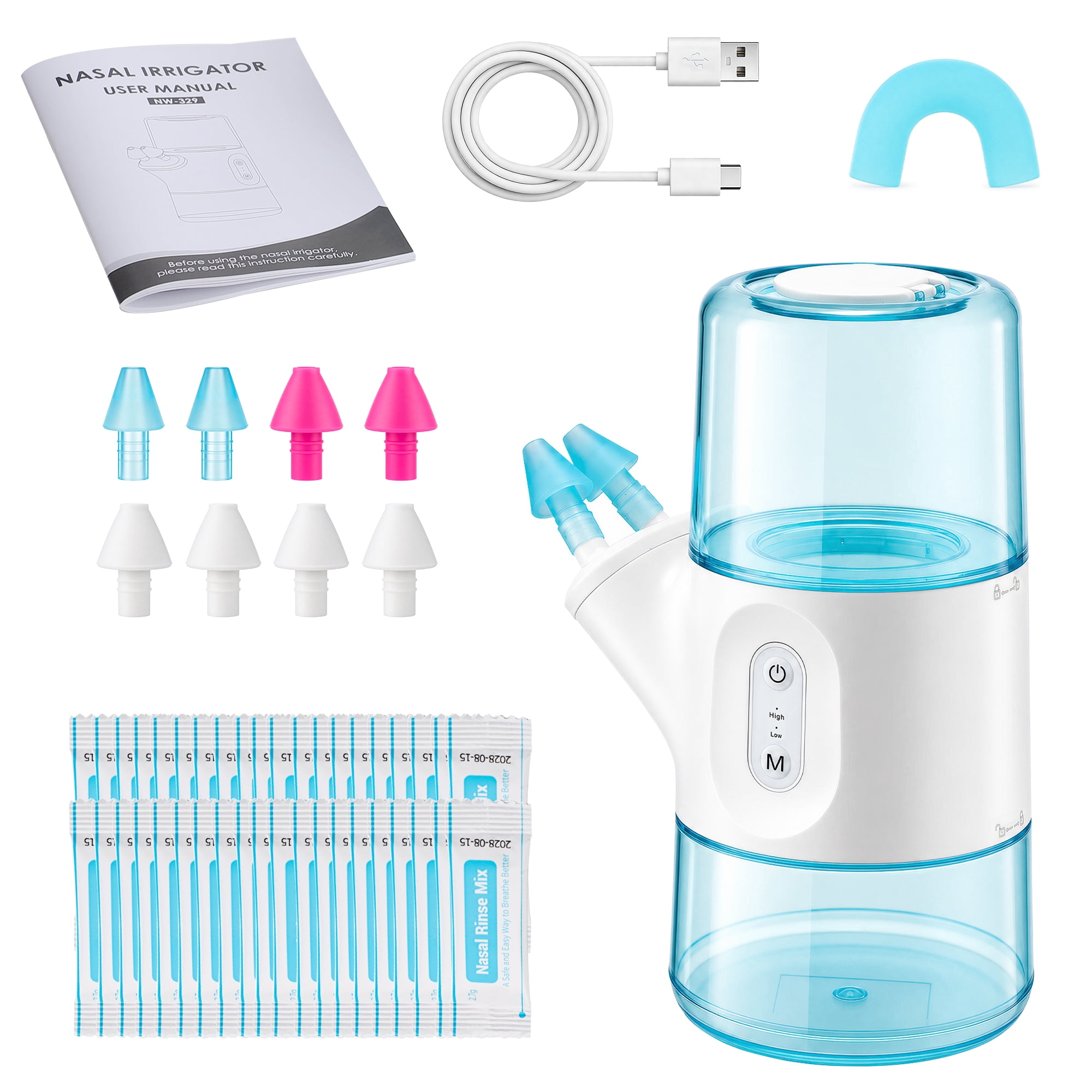 Nasal Irrigator, Electric Nasal Irrigation System, Sinus Rinse Kit with Dual Tank 300ml & 360° Rotating Tip, Saline Nasal Rinse Anti-Backflow Design with 40 Salt Packets & 8 Tips