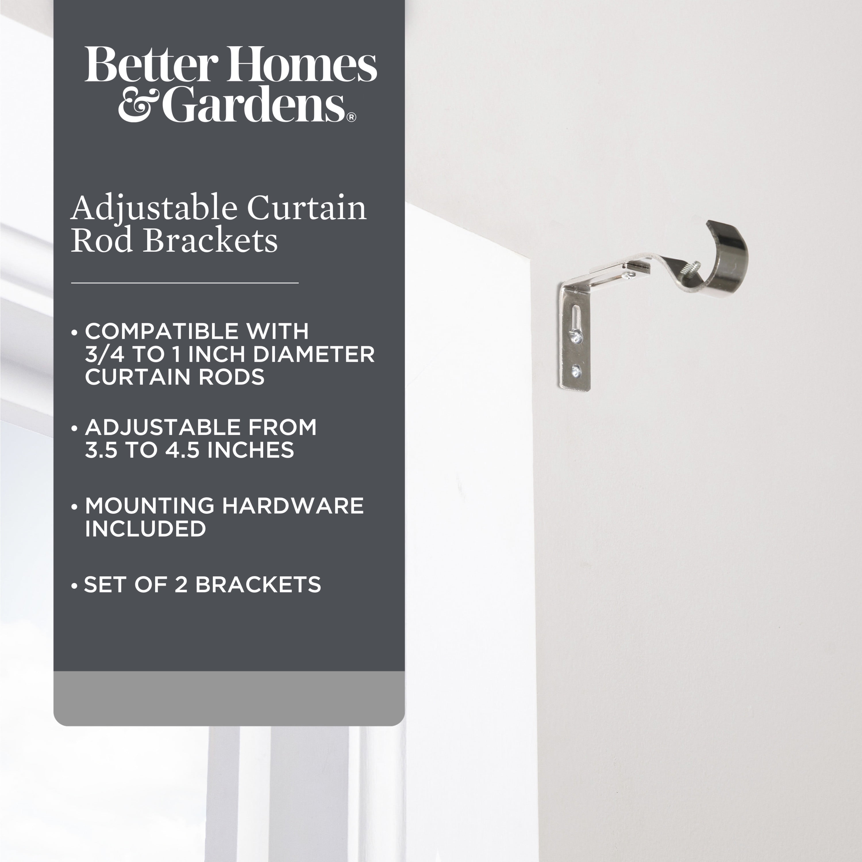 Better Homes & Gardens Plated Metal Adjustable Curtain Rod Brackets in Brushed Nickel, 3/4 to 1 Inch Diameter