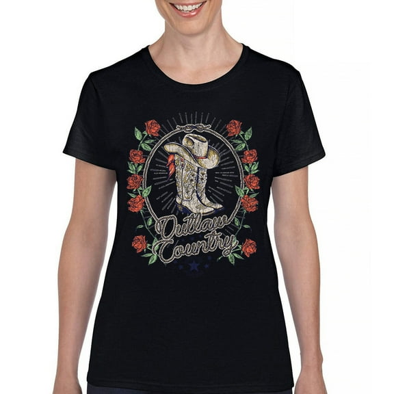 Outlaw Country Cowgirl Boots And Roses T-Shirt Western Rodeo Floral Cowgirl Hat Vintage Southern Rustic Women's Tee