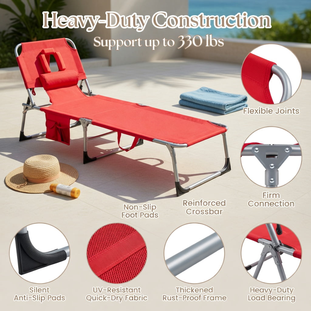 Hommoo Foldable Tanning Chair with Face & Arm Holes, Lightweight Portable Sun Lounger for Beach, Pool, Patio, Red