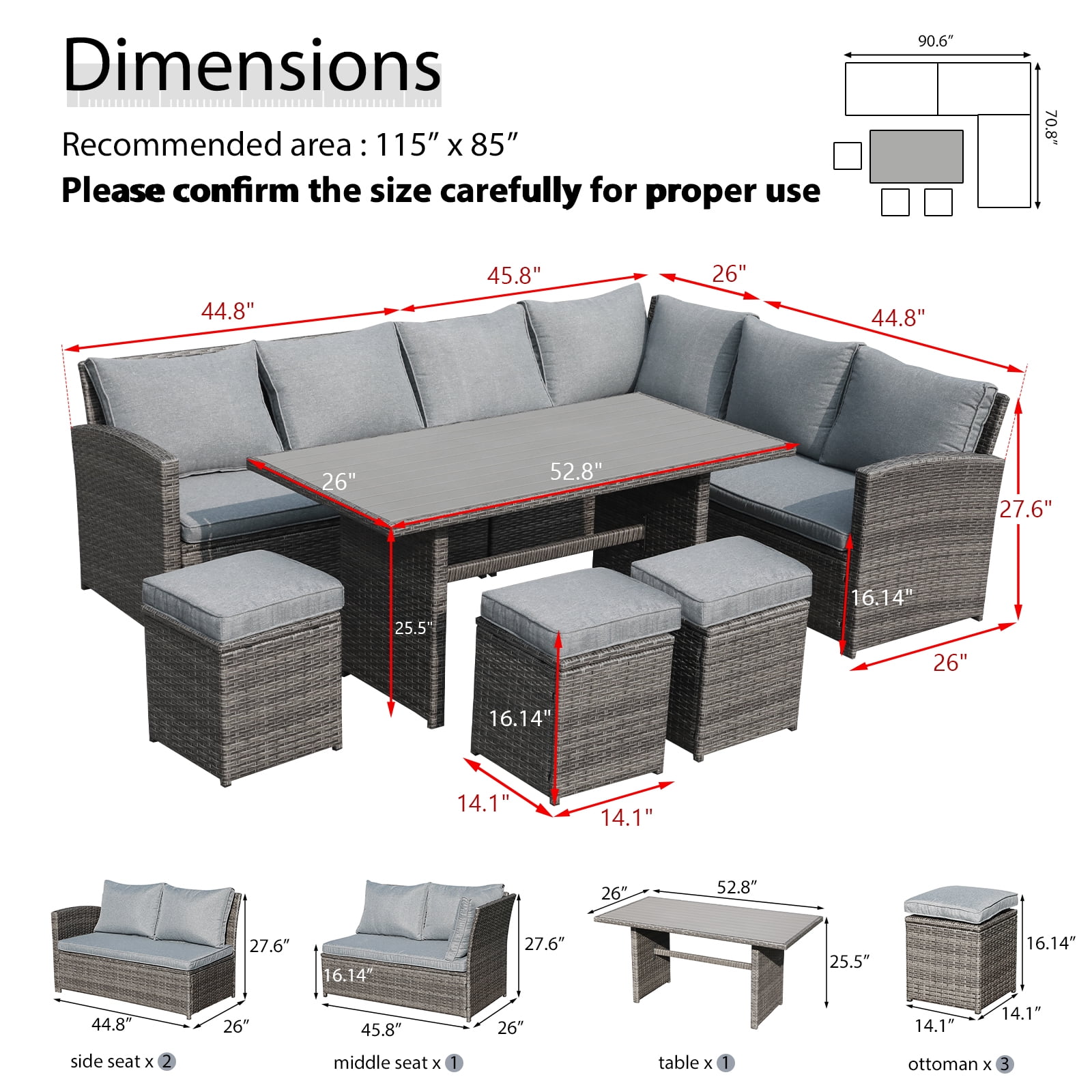 JOIVI 7 Pieces PE Rattan Wicker Dining 9 Sofa Set, Outdoor Patio Furniture, Gray