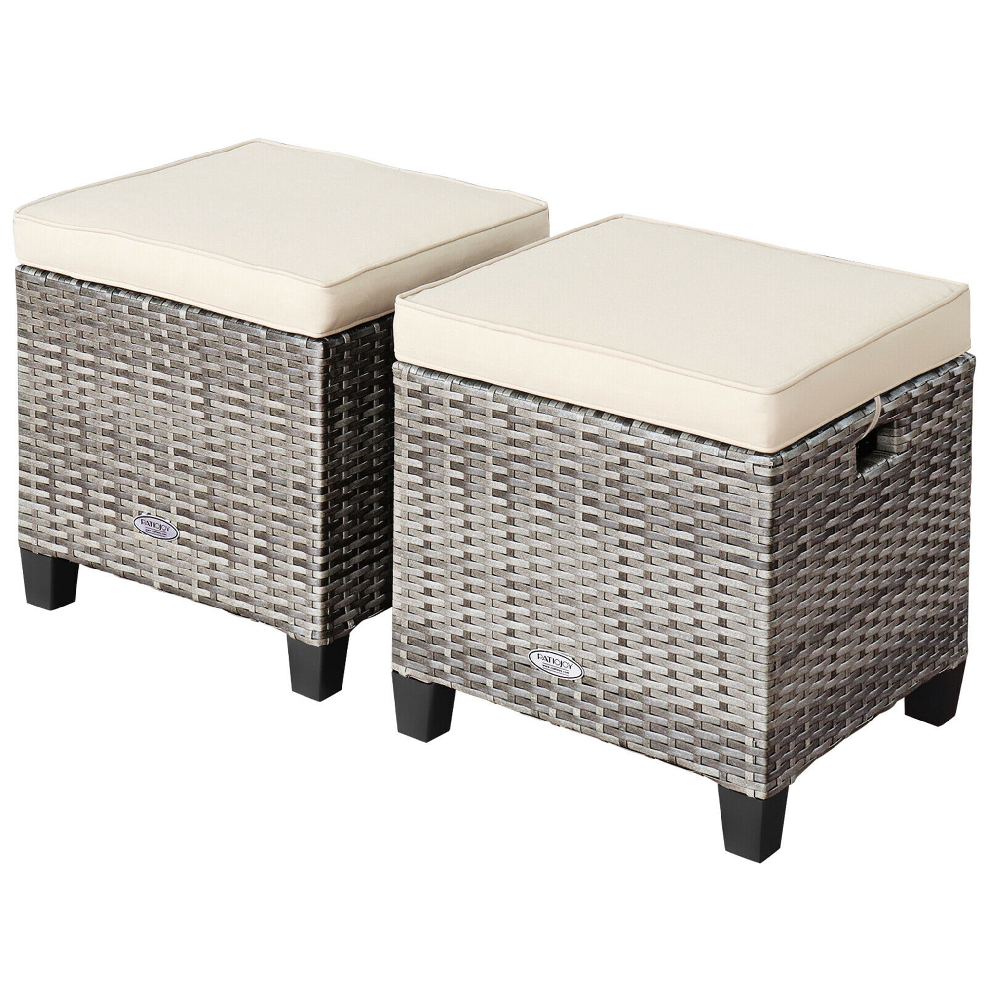 Gymax Set of 2 Rattan Patio Ottoman Footrest Wicker Footstool with Beige Cushions