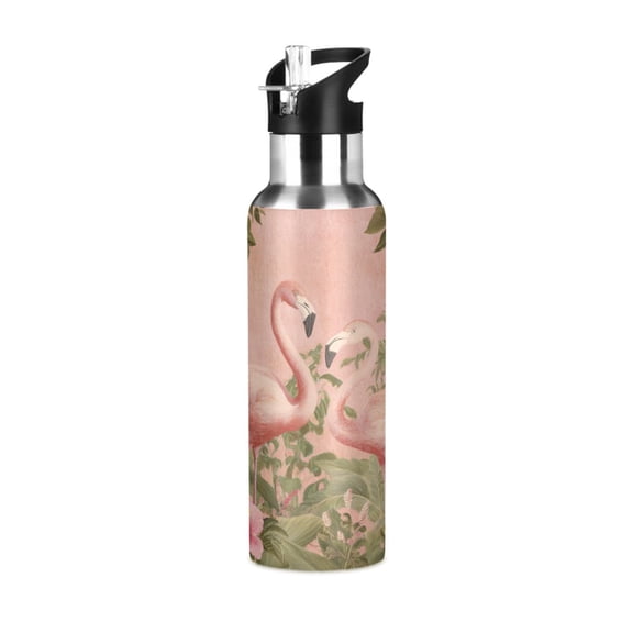 600ml Vacuum Insulated Sports Water Bottle with Foldable Straw Stainless Steel Portable Thermos Cup Flamingos in Tropical Garden