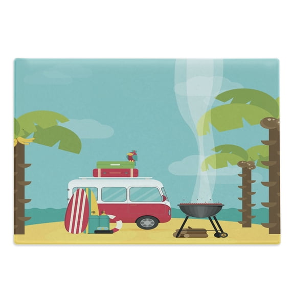 Explore Cutting Board, Caravan Camping with Barbeque and Surf Boards Tropical Beach Banana Coconut Trees, Decorative Tempered Glass Cutting and Serving Board, in 3 Sizes, by Ambesonne