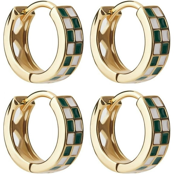 2 Pairs Checkerboard Hoop Earrings Real 18K Gold Plated Enamel Grid Geometric Round Earrings for Women Earring