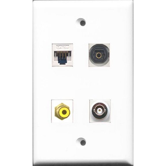 RiteAV 1 Port RCA Yellow and 1 Port Toslink and 1 Port BNC and 1 Port Cat5e Ethernet White Wall Plate
