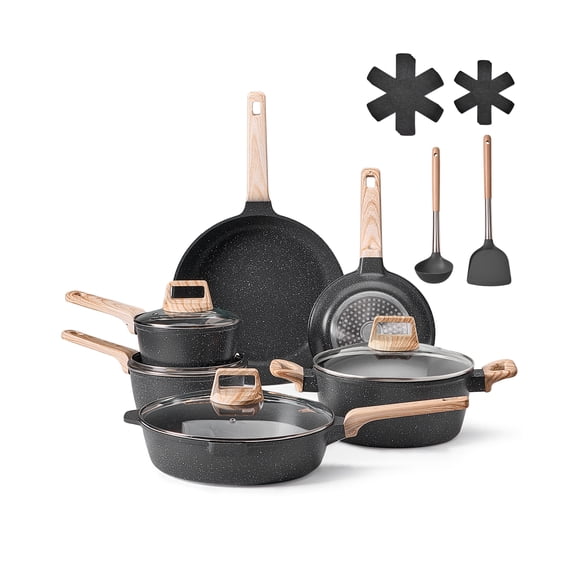 VEVOR 17 Piece Pots and Pans Set Granite Nonstick Kitchen Cookware Induction Black