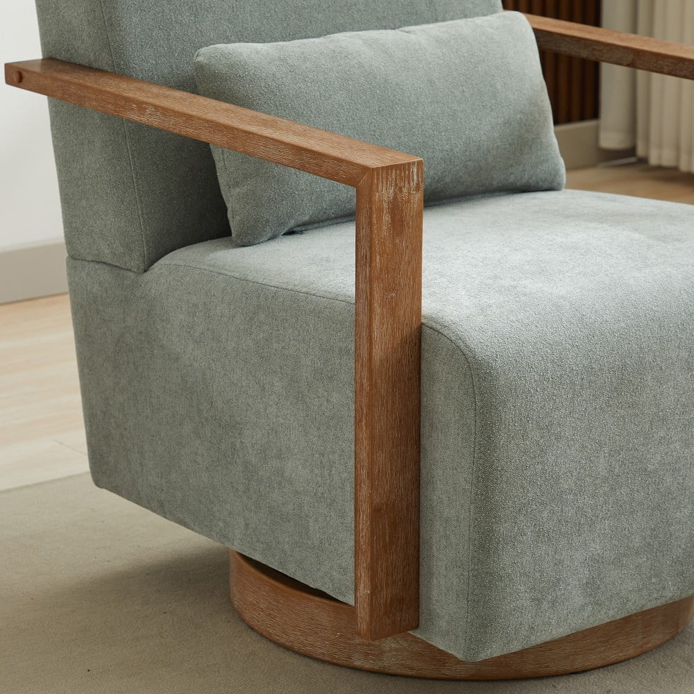 Swivel Accent Chair, 360 Degree Modern Upholstered Lounge Chair with Solid Wood Armrests, Linen Blend Fabric, Comfy Reading Chair for Living Room, Bedroom & Office, Pale Green