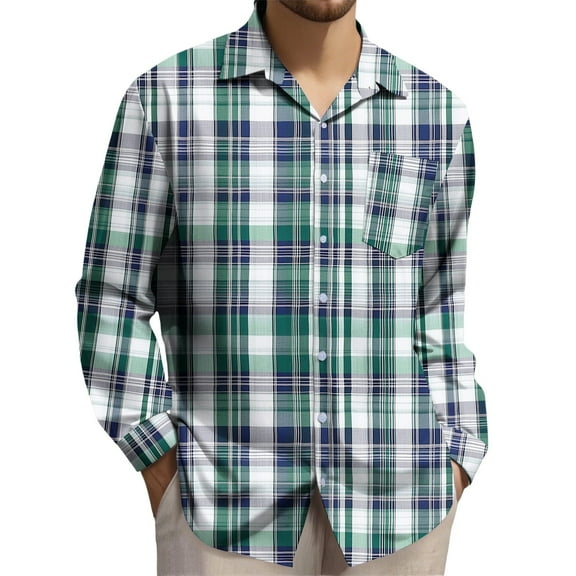 FDGIU Men's 2025 Plaid Flannel Shirt - Long Sleeve Button Down, Classic Pocket Casual Fall Top