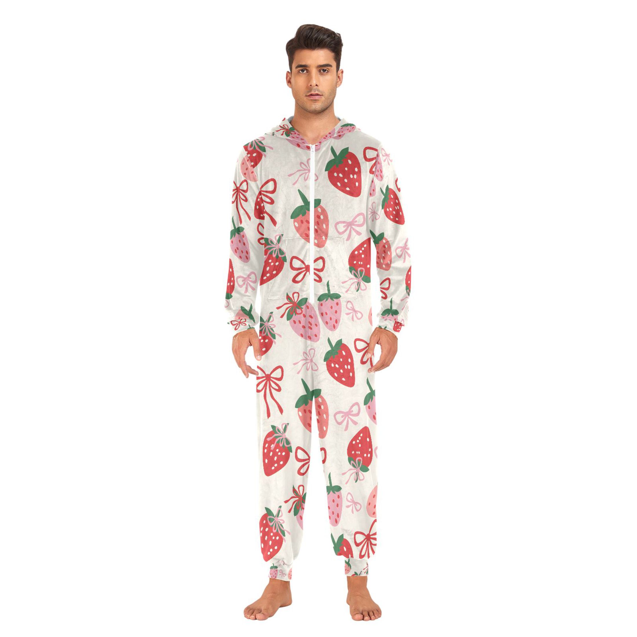 Adult Christmas Onesie Strawberry Simple Lines Bow Adult Zipper One-Piece Pajamas Unisex Pajamas with Pockets
