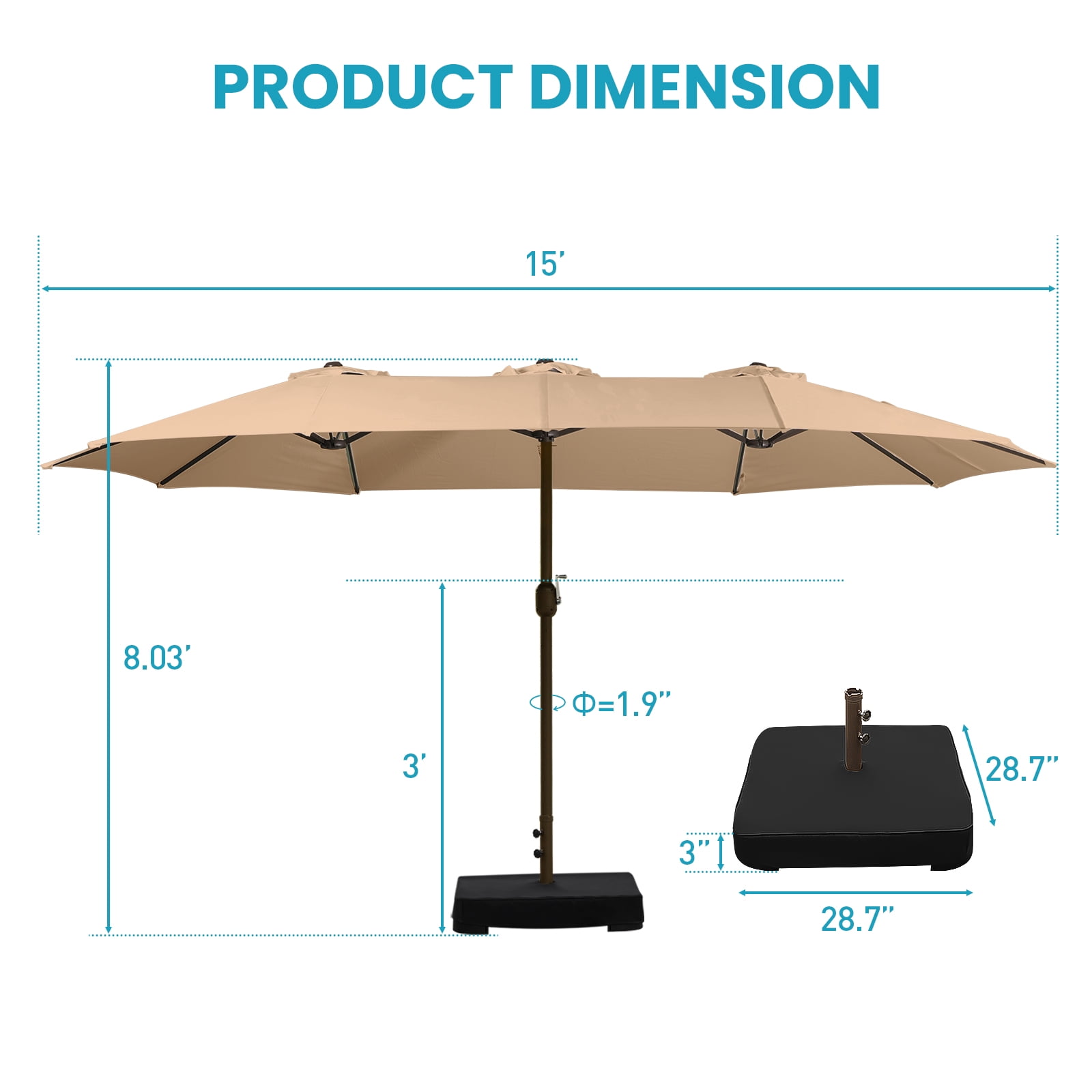Aoodor 15ft Large Patio Umbrella with Base Stand, Outdoor Double-Sided Rectangle Umbrella - Brown