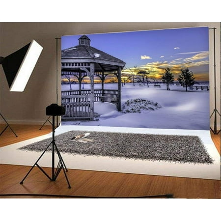 Image of ABPHOTO 7x5ft Photography Backdrop Snow Covered Landscape Pavilion Trees Blue Sky White Cloud Winter Merry Christmas Photo Background Backdrops