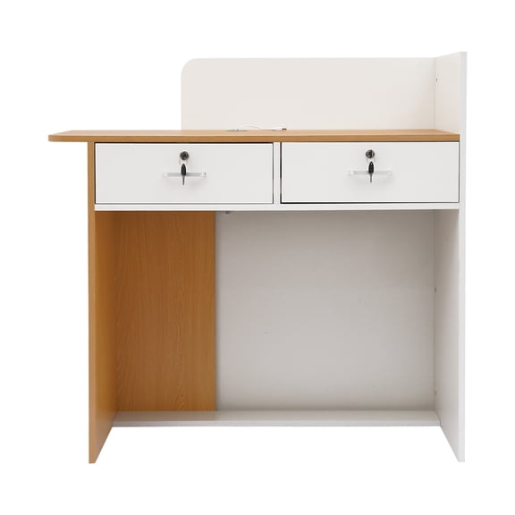2 Drawers Reception Desk with 5V LED Light Strip and Lockable Drawer, 440.92 lbs Capacity Front Counter for Boutiques 39.37x17.72x39.37in, Warm White   Wood Color