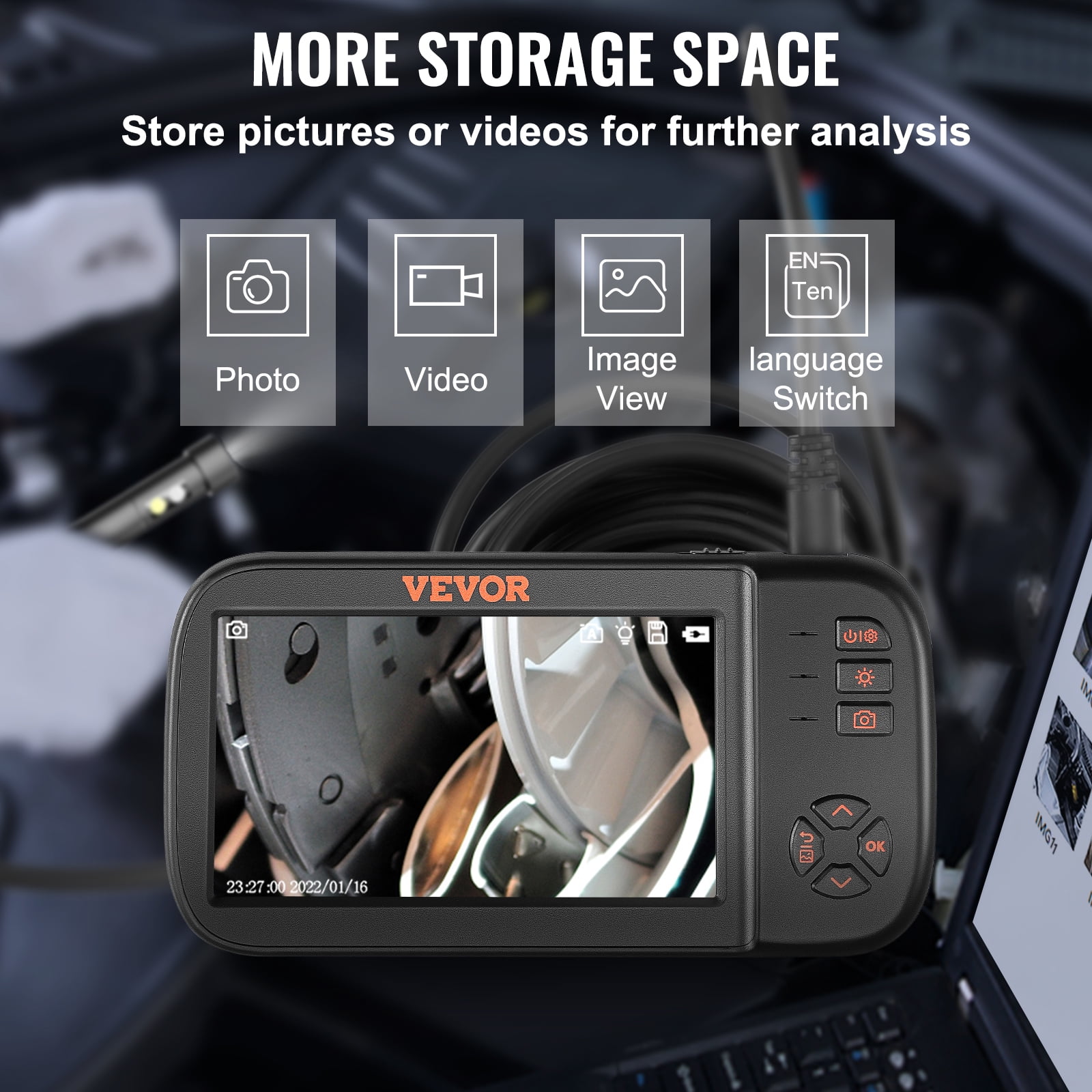 VEVOR Borescope Camera, Triple Lens Endoscope Camera with Light, 4.5" Screen 1080P Inspection Camera with 10 LED Light, IP67 Waterproof Drain Snake Camera for Auto, Plumbing (16.5FT Cable, 32GB Card)