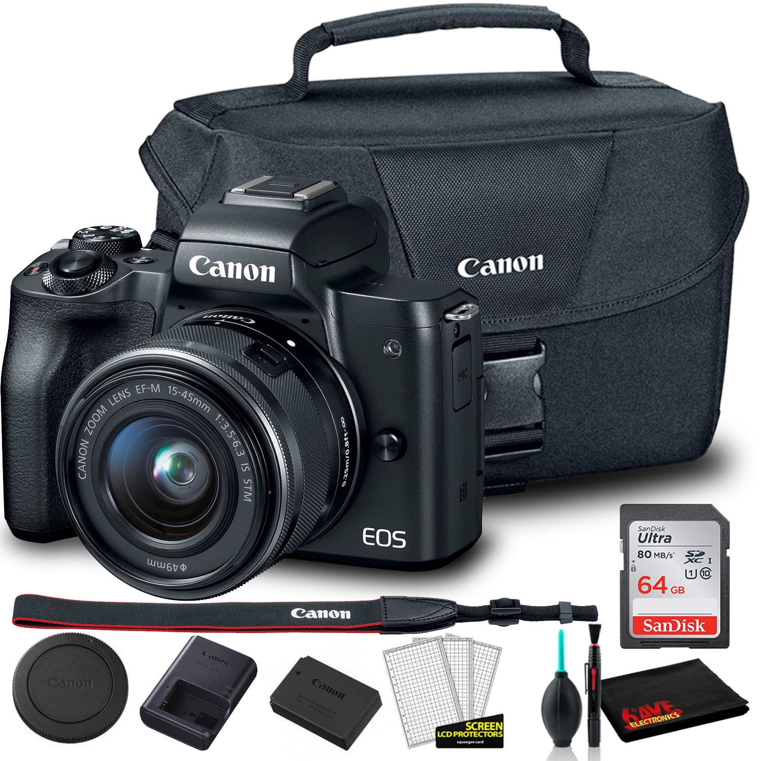 uitvegen Ontkennen architect Canon EOS M50 Mirrorless Digital Camera with 15-45mm Lens (Black)  (2680C011) + Canon EOS Bag + Sandisk Ultra 64GB Card + Clean and Care Kit -  Walmart.com