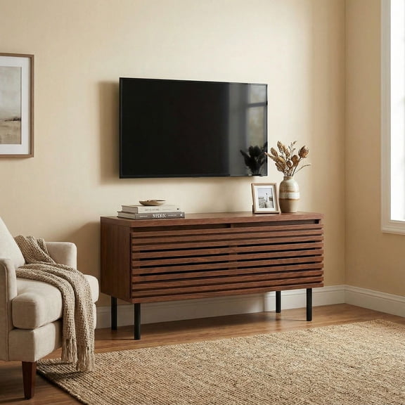 Barara King Mid Century Fluted TV Stand for 40 Inch TV with 2 Hidden Compartments Metal Legs for Living Room Bedroom Media Console Furniture, Walnut