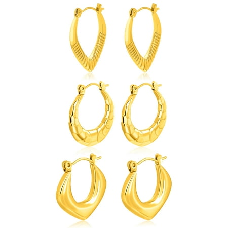 JeenMata Hoop Huggies Twist in Yellow Gold Plating Women Earrings, 3 Pairs