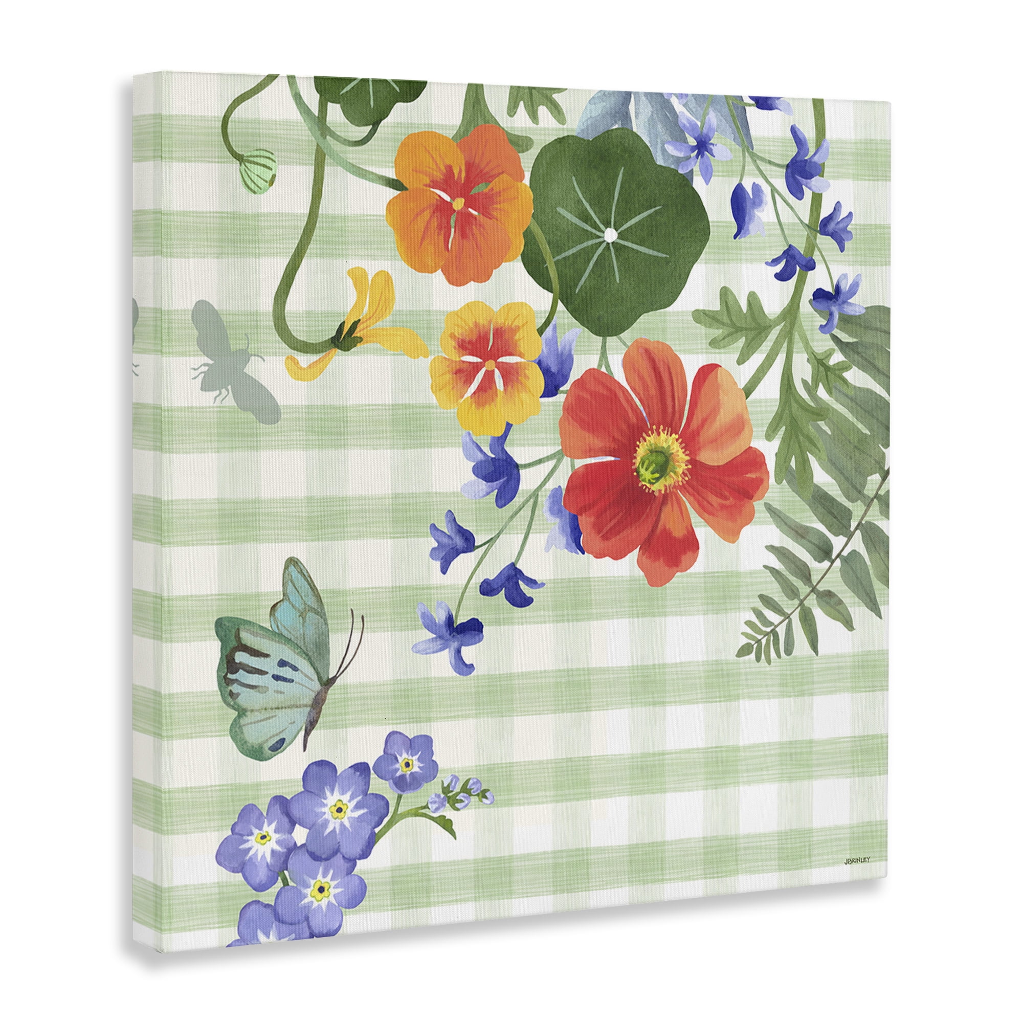 Stupell Industries Green Gingham & Poppies Botanical & Floral Painting Gallery Wrapped Canvas Art Print Wall Art, 17 x 17