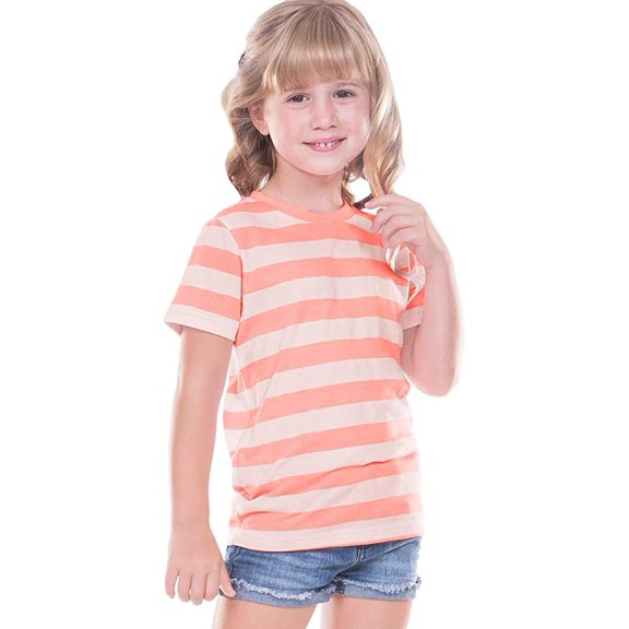 Kavio TJP0605 Toddlers Striped Jersey Crew Neck Short Sleeve Tee-StripedWhite/Flamingo-2T