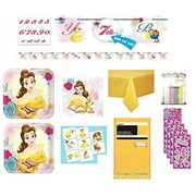 Beauty and the Beast Birthday Party Supply Bundle for 16 includes Plates, Napkins, Table Cover, Tattoos, Stickers, Candles