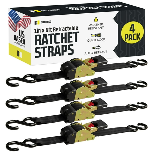 DC Cargo Retractable Ratchet Straps 4 pack with Hooks, 1" x 6' ratchet