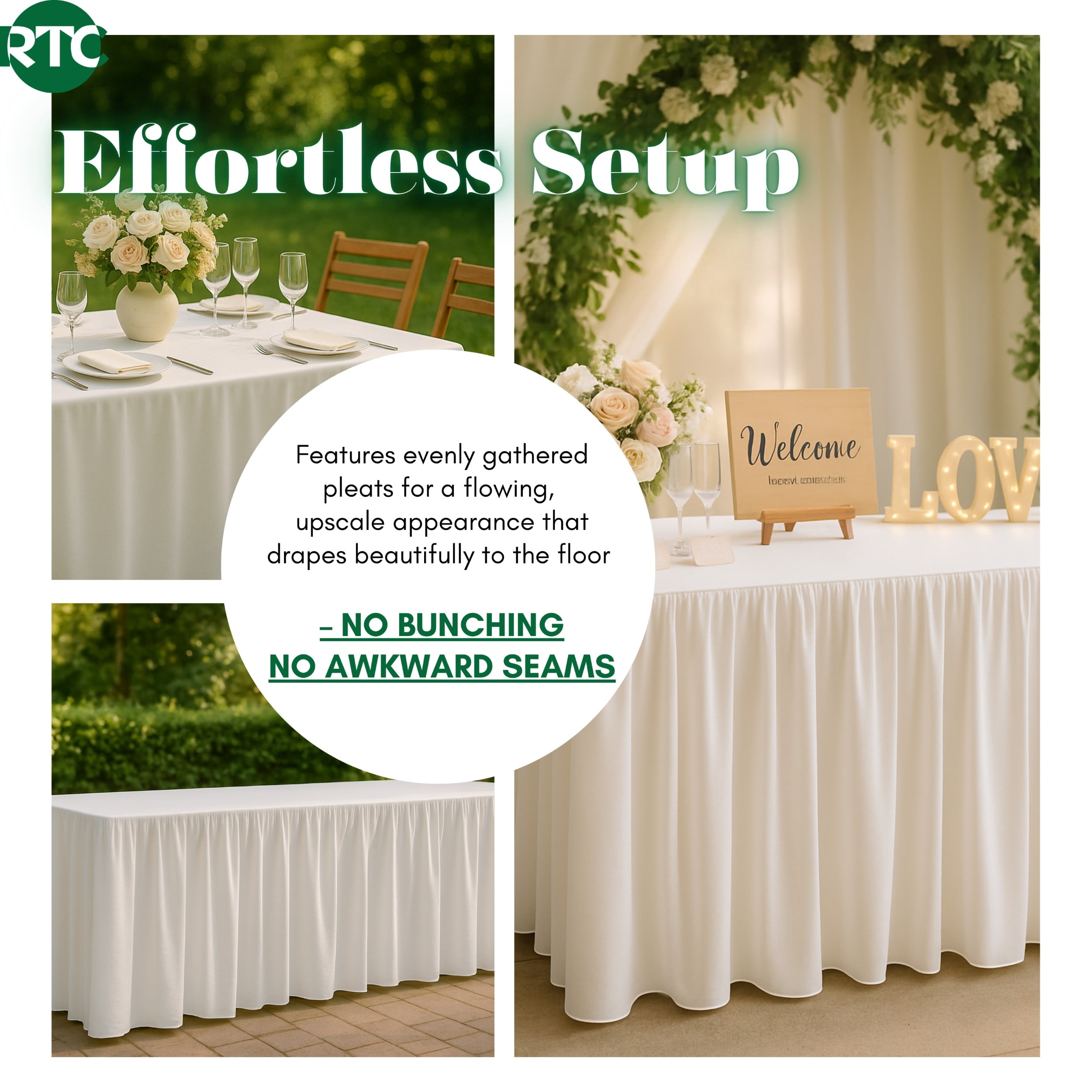 RTC Group Spandex Rectangular Tablecloth Skirt Table Cover, 6Ft Table, 72" x 30", White, 4 PK