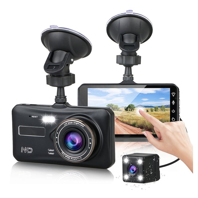 Grabadora de conducción de pantalla táctil de 4 pulgadas con lente dual HD 1080p con imagen de marcha atrás WiFi, interconexión de aplicación de teléfono móvil