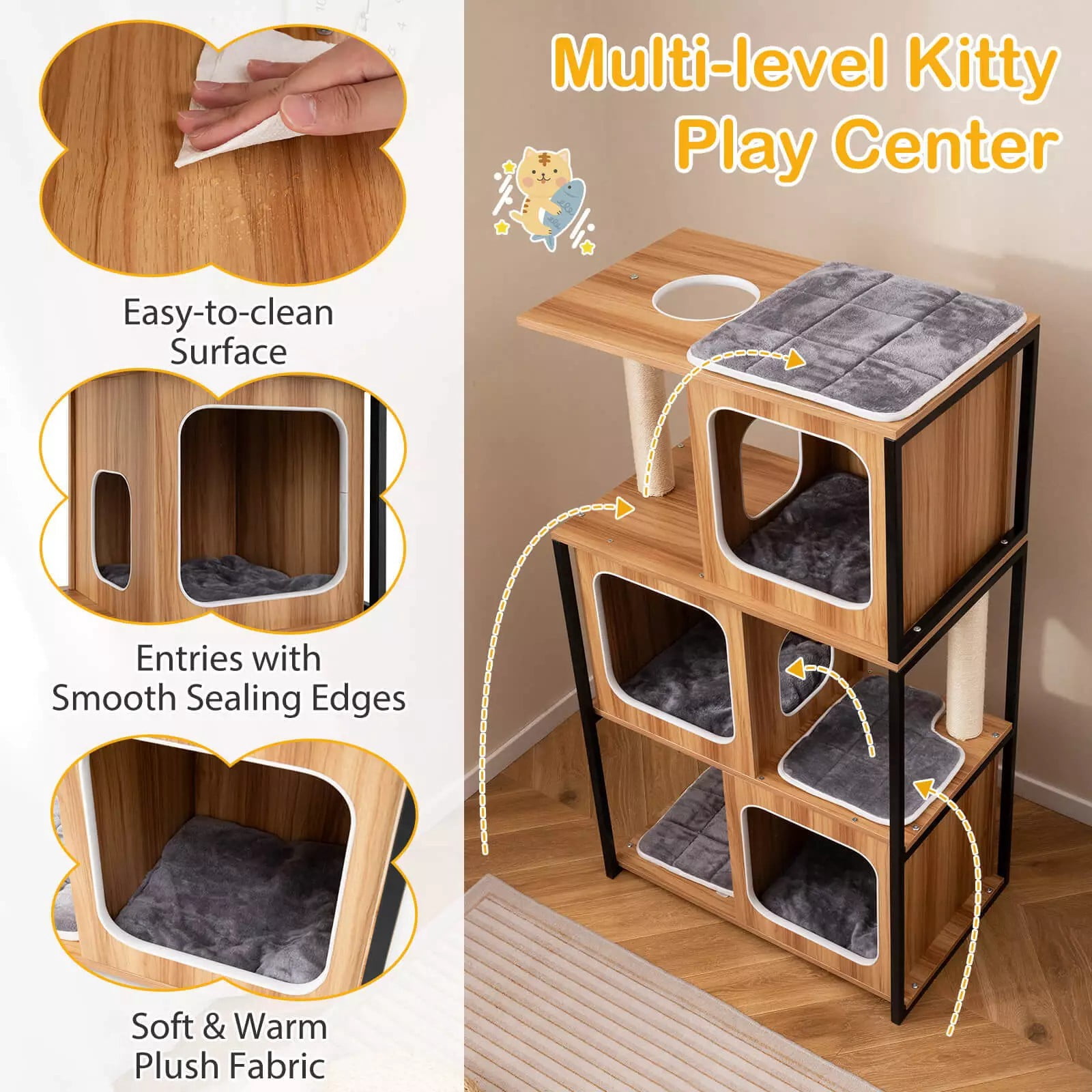 Auranook 52" Tall Wooden Cat Tree w/ Metal Frame, 3 Condos, Sisal Scratching Posts & Board, Washable Cushions, Multi-Level Tower for Large Indoor Cats & Kittens