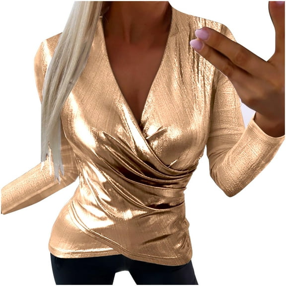 XFLWAM Women's Deep V Neck Cross Wrap Tops Shiny Metallic Liquid Leather Long Sleeve Shirts Sexy Slim Fit Blouse