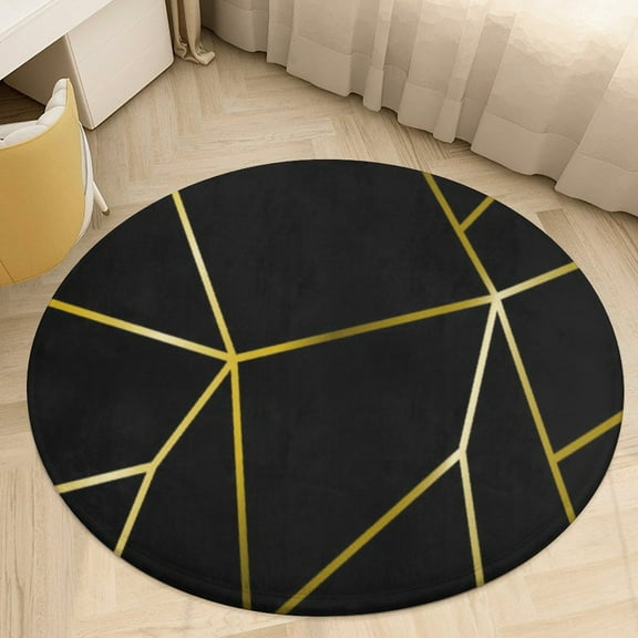 Gold Black Line Abstract Geometric 3D Pattern Round Area Rugs for Bedroom Living Room, 4FT Soft Indoor Circle Carpets, Carpet Home Decor Floor Mat