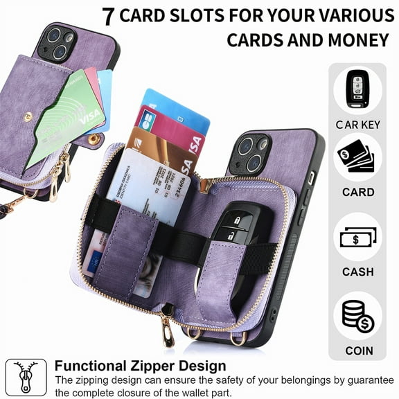 Dteck iPhone 12 mini Crossbody Wallet Case, Zipper PU Leather Phone Case with Card Holder Wrist Strap Purse Cover for iPhone 12 mini,Purple