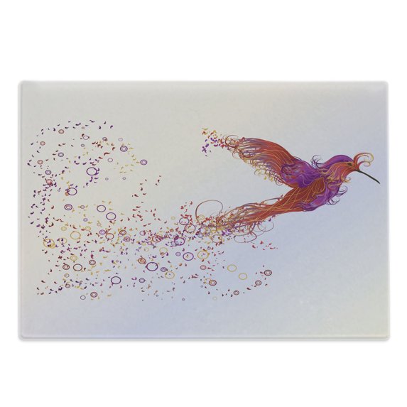 Bird Cutting Board, Creative Design Image of Flourish Hummingbird Feathers Circles Illustration, Decorative Tempered Glass Cutting and Serving Board, in 3 Sizes, by Ambesonne