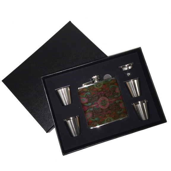 KuzmarK 6 oz. Leather Flask Set in Black Presentation Box -  Paisley Painting