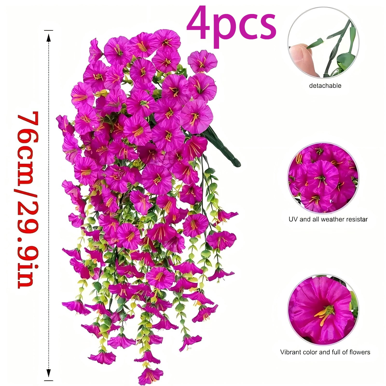 4Pack UV Resistant Artificial Hanging Petunias, 29.9in Fake Flowers for Outdoor Patio Garden Decor