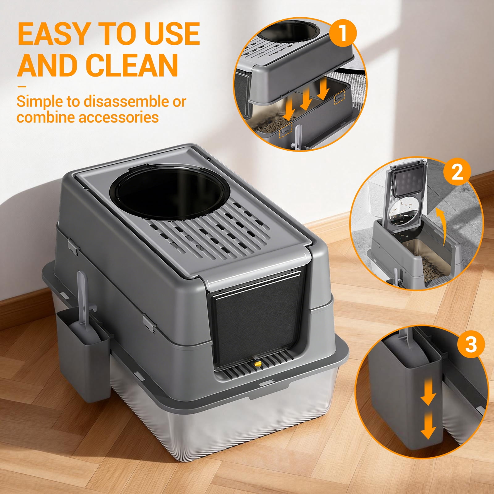 Extra Large Stainless Steel Cat Litter Box, Enclosed Detachable Covered Litter Tray with 180° Flip Top, Leak-Proof & Odor-Resistant, Easy to Clean for Small Medium Large Cats, Deep Black 60x40x38.5cm