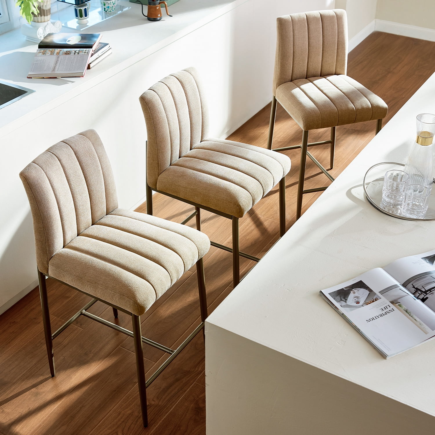 GrandNoor Comfortable Bar Stools Set of 3, 26” Thick Upholstered Counter Height Bar Stools with Back, Linen Counter Stools with Metal Legs for Kitchen Island, Khaki