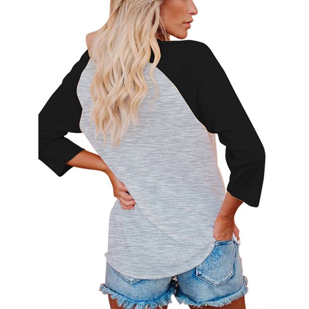 Sonducket Blusas de manga tres cuartos Camiseta de algodón con manga 3/4 estampada para mujer Blusa diaria informal Tops, Negro, L Prendas para la parte del cuerpo Negro XXL Sonducket AP003797-05