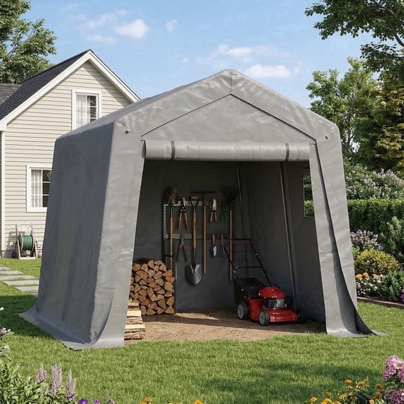 Sunmthink 10x10 FT Outdoor Carport Shed, Portable Storage Sheds with Roll-Up Door & Window, Waterproof Storage Tent with Galvanized Steel Frame for Bike, Motorcycle, Lawn Equipment