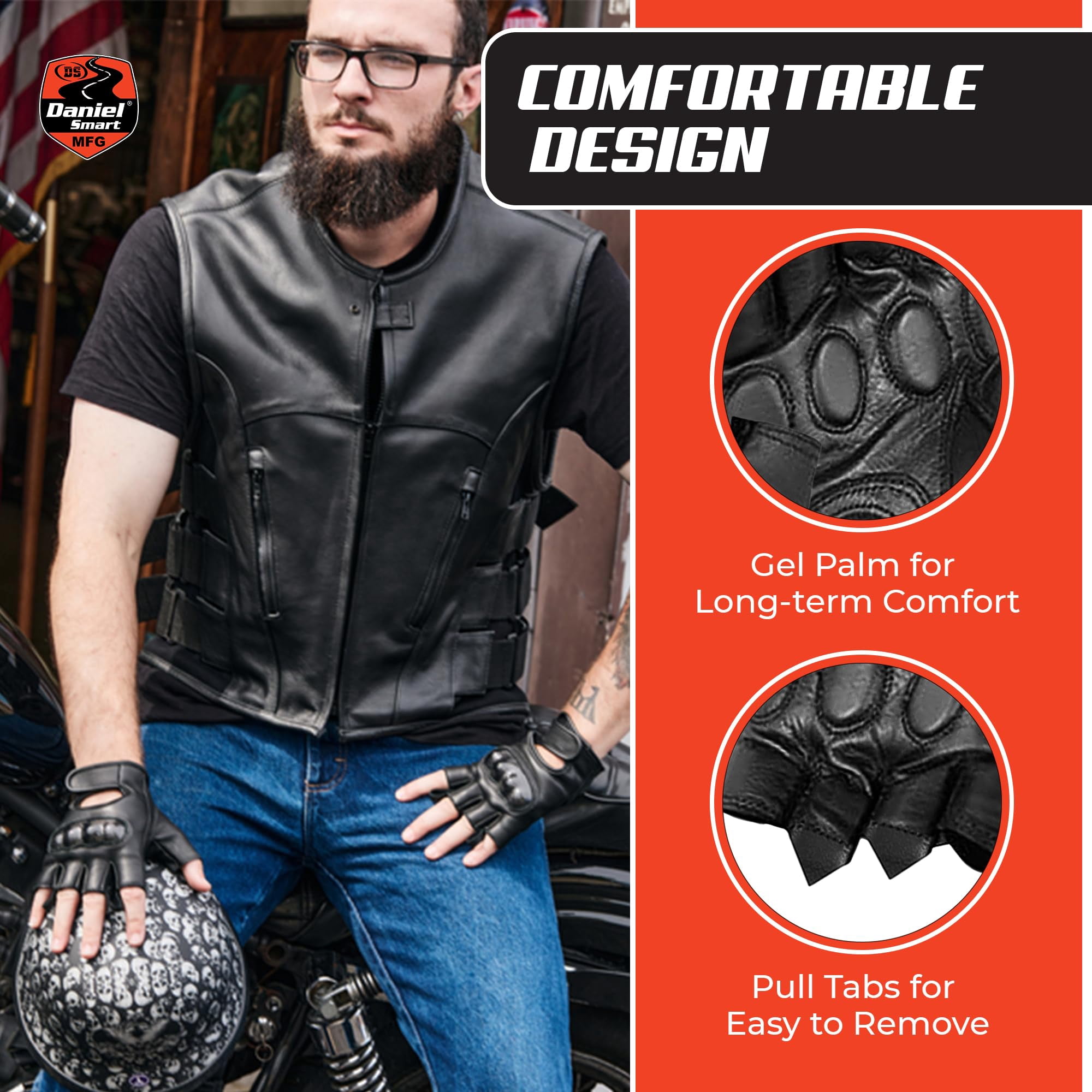 Daniel Smart Cowhide Leather Gloves – Fingerless Men Motorcycle Gloves with Gel Palm and Hard Knuckles