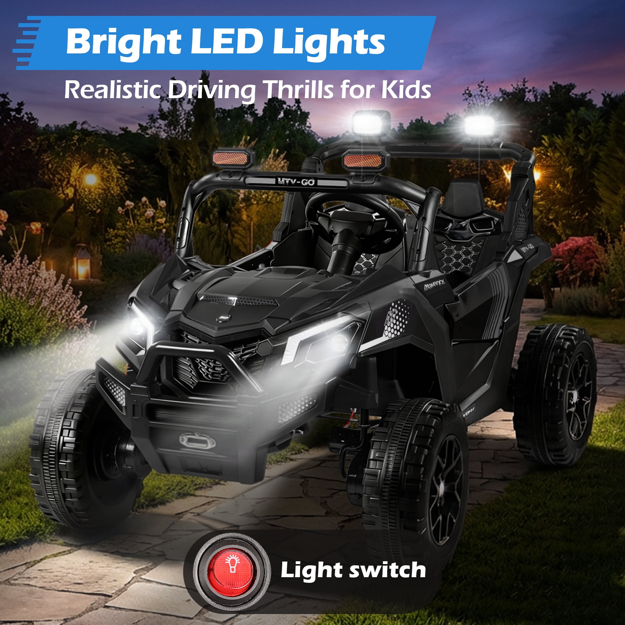 Wisairt 24V Ride on Toys 4WD Ride on Cars with Remote Control, 2 Seater Electric Car for Kids, Power Car Wheels, UTV w/ Four Motors, Music, LED Lights, Wireless Audio, 3 Speeds, Black