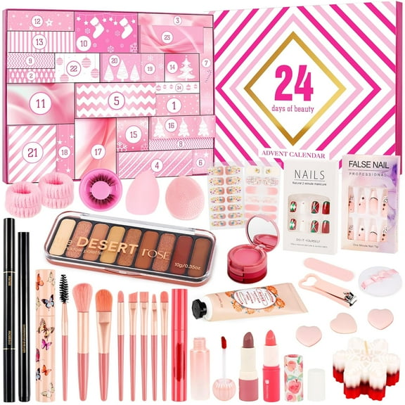 Makeup Calendar, 24-Piece Beauty Set for Women and Teens, Holiday Countdown with Cosmetics and Skincare, Christmas Gift Box