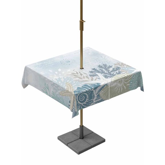 Outdoor Tablecloth with Umbrella Hole for Patio/Picnic/Party/Camping, Coastal Corals Waterproof Table Cloth Square Cover Washable, Beach Starfish Conch Marine Rustic Blue (60"x 60")