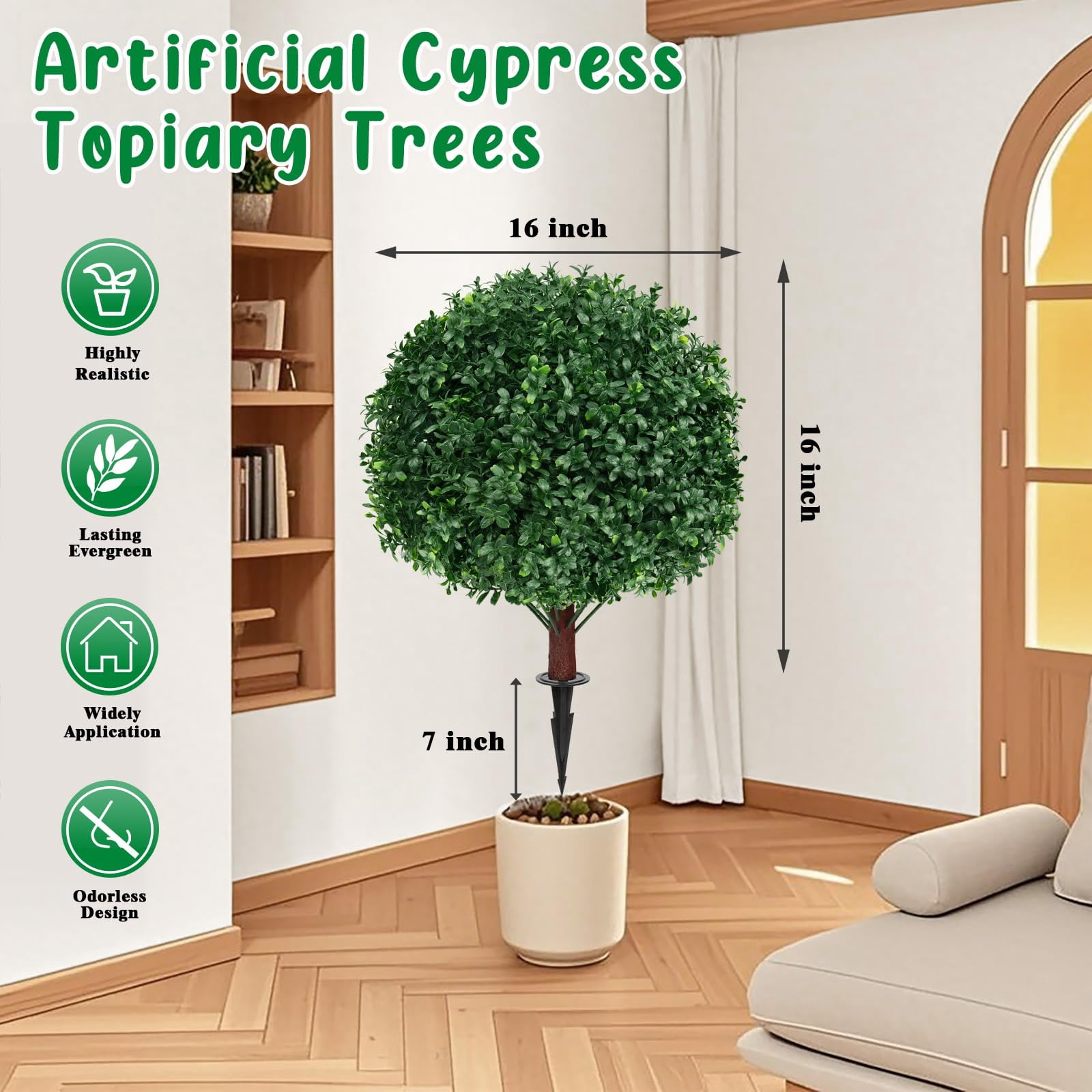 2 16in Artificial Boxwood Sphere Bushes - UV Resistant, with Stakes, Porch/Planter/Indoor Decor