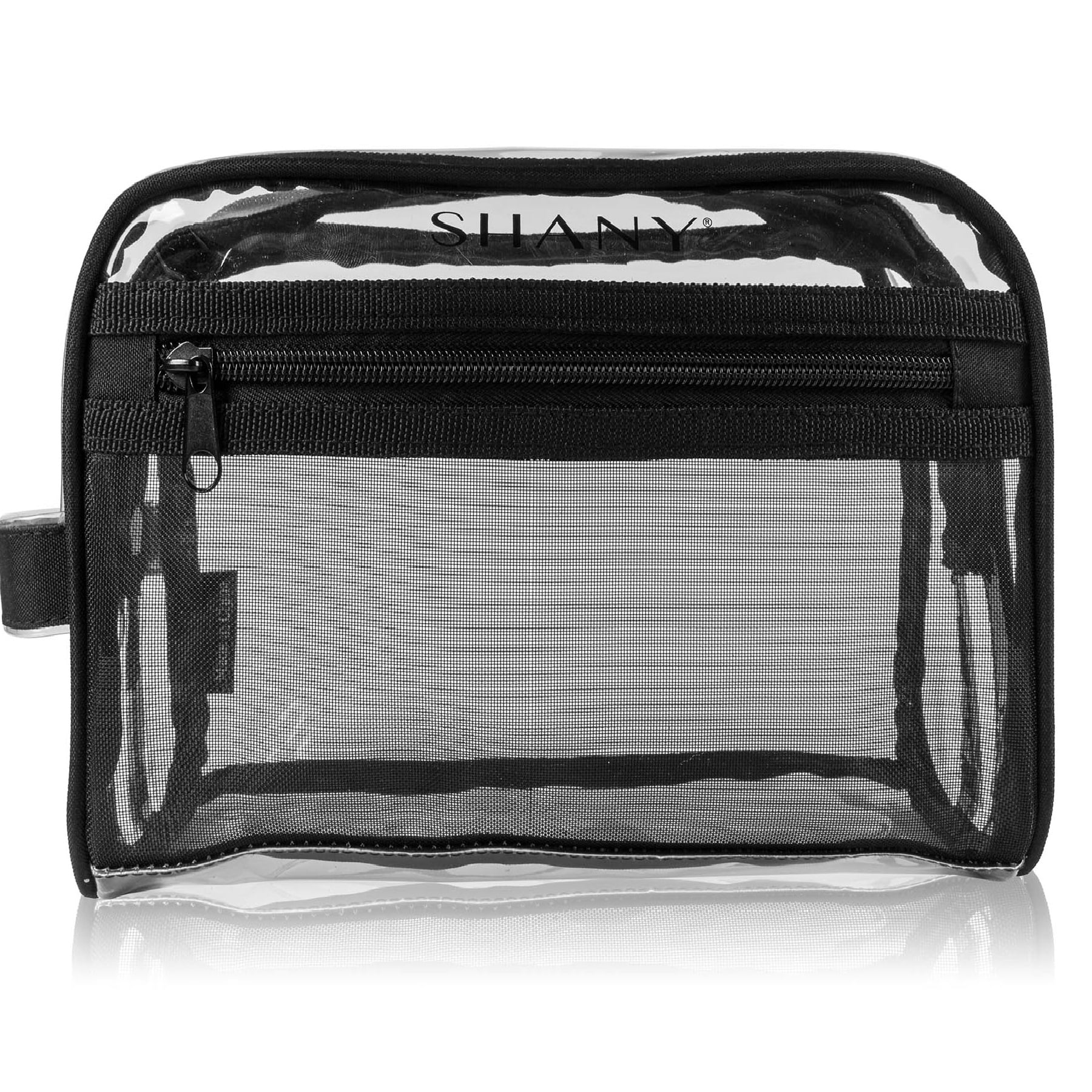Black Mesh Medium Nontoxic Travel Organizer with Handle SHANY Clear Toiletry and Makeup Bag with Plastic Mesh Pocket 