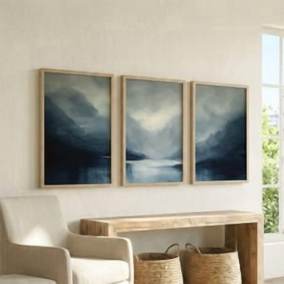 Set of 3 Navy Blue Grey and White Art Prints, Moody Coastal Living Room Poster, Dramatic Abstract Landscape Wall Art, Poster Only